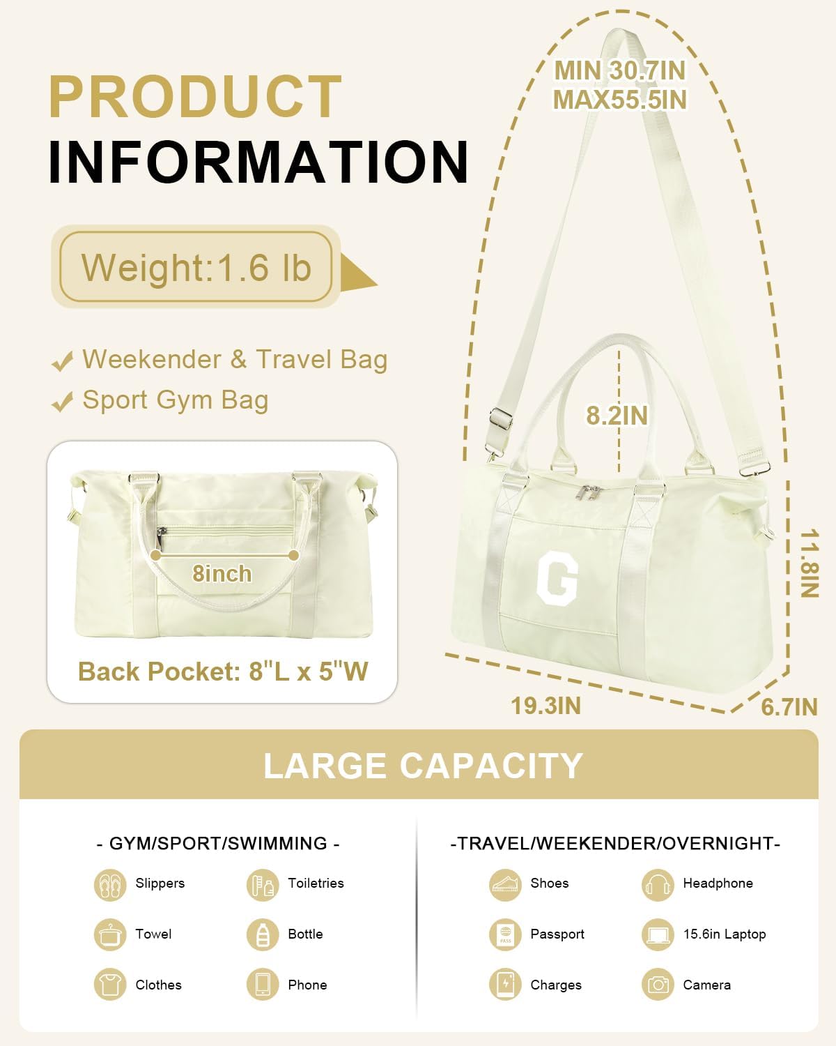 Initial Travel Duffel Bag Sports Gym Bag for Kids Teen Birthday Gifts,Beige Personalized Weekender Bag Carry On Dance Bags for Women Men,Waterproof Monogram Overnight Bag with Trolley Sleeve(Letter G)