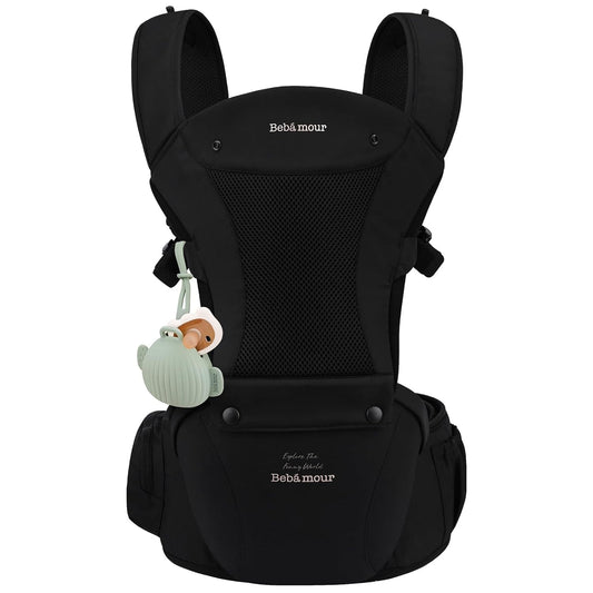 Bebamour Baby Carrier with Hip Seat,All-Position Breathable Mesh Hip Seat & Carrier 0-36Months with Head Hood, 3 PCS Teething Pads, Waist Extender,Storage Bag & Pacifier Case(Black)