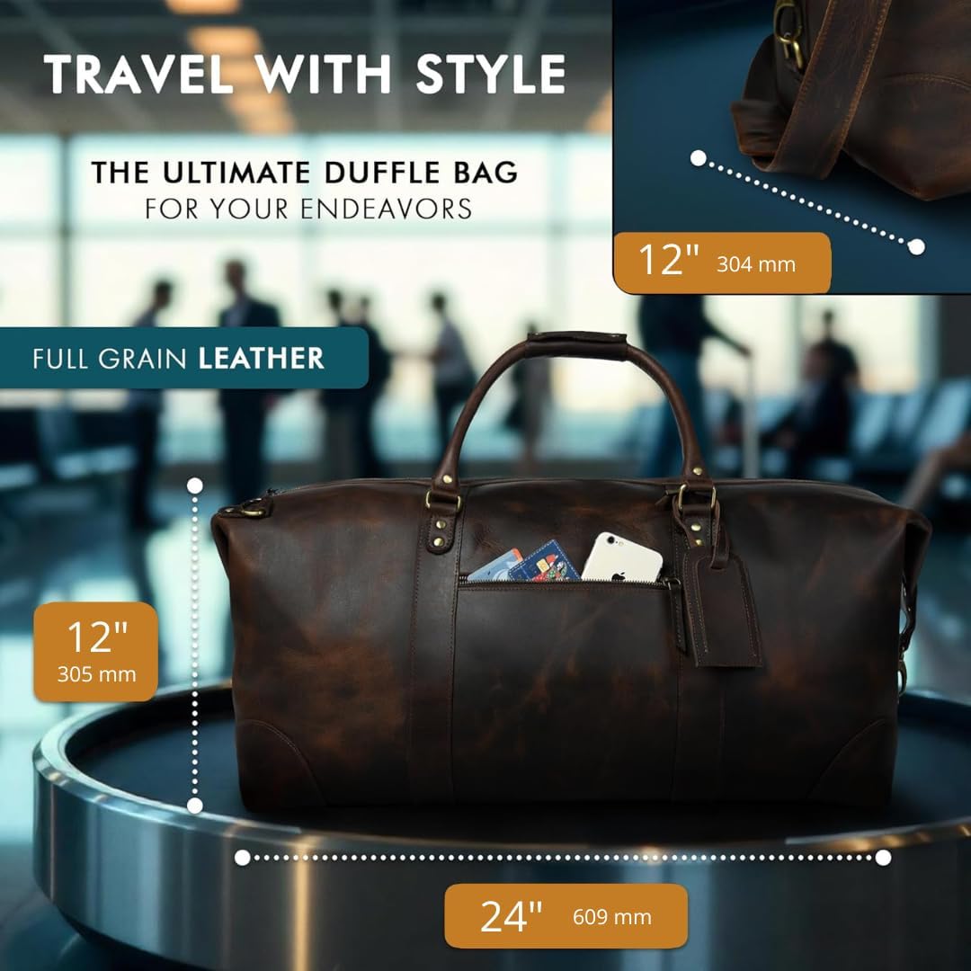 ELIZO Large Leather Duffle Bag For Men Women Big REAL FULL GRAIN Travel Overnight Weekender Carry On Luggage Sports Gym Bags (Walnut 24 Inch) Heritage