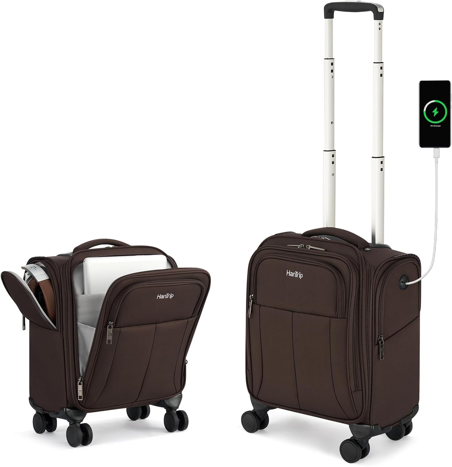 16 Inch Underseat Carry On Luggage with Wheels Softside Small Suitcases Personal Item Bag with Pocket Travel Luggage for Men Women Business Overnight Bag(Coffee)