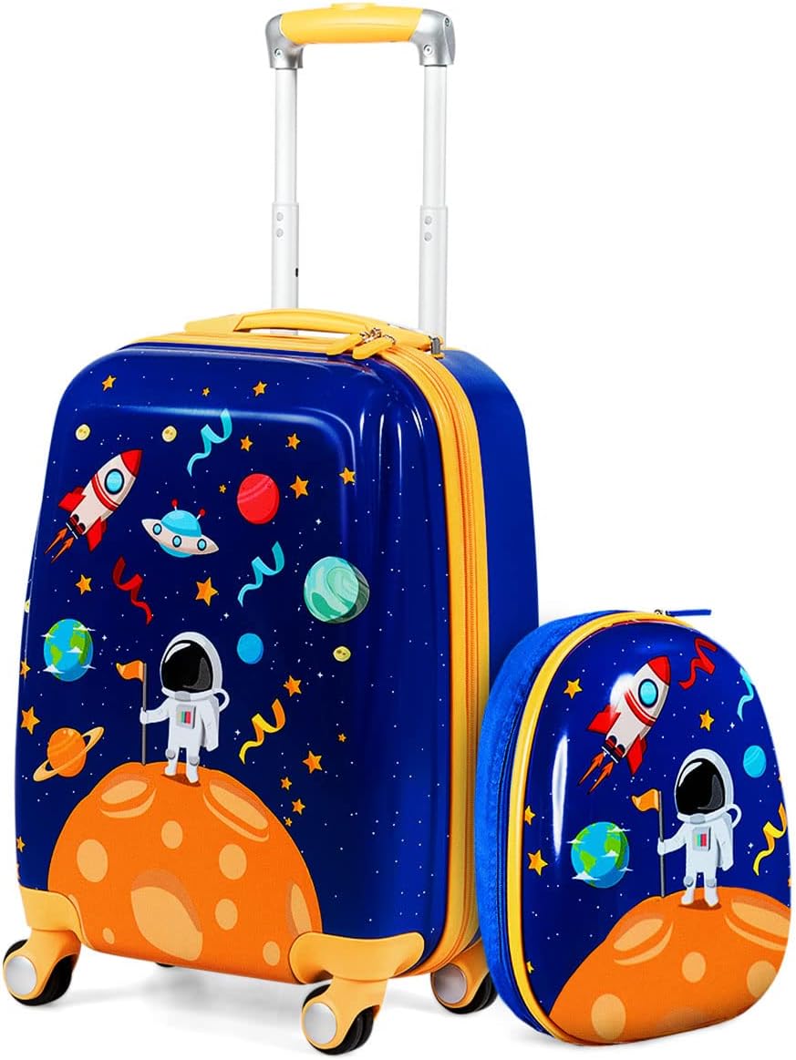 HONEY JOY Kids Luggage, 12" Toddler Backpack & 18" Travel Suitcase with Wheels, Lightweight Toddler Suitcase, Durable ABS Hardshell, 2Pcs Carry On Luggage Set for Boys Girls, Blue Astronaut
