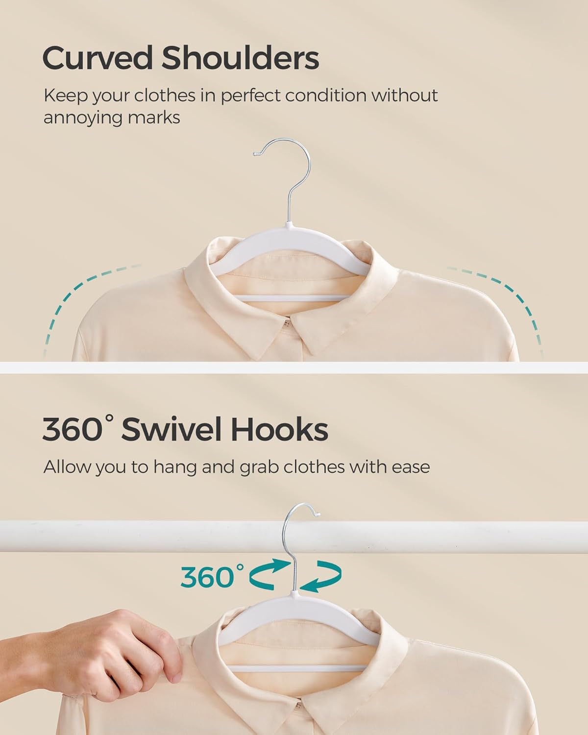 SONGMICS Pack of 50 Coat Hangers, Space-Saving Plastic Clothes Hangers, Non-Slip, 0.2 Inches Slim, 16.5 Inches Wide, 360° Swivel Silver Hook, White UCRP20WT50