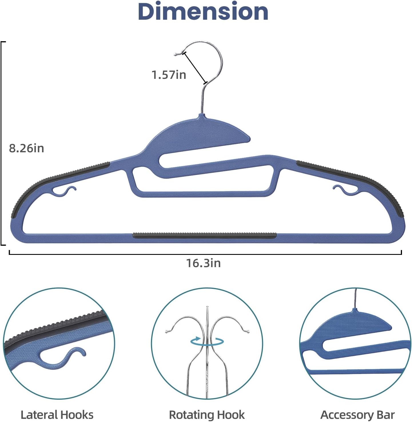 BAGAIL Plastic Hangers 50 Pack with Non-Slip Design,0.2 Inches Thick, 360°Swivel Hook Space Saving Organizer for Bedroom Closet,Shirts,Pants(Navy- S Shaped)
