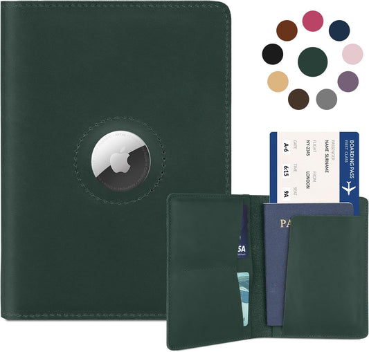 Airtag Passport Holder for Men Women Travel, Real Leather Passport Wallet, Handmade Passport Cover Case with Airtag Slot, Travel Must Haves Essentials Accessories Birthday Gifts (Crazy Horse, Green)