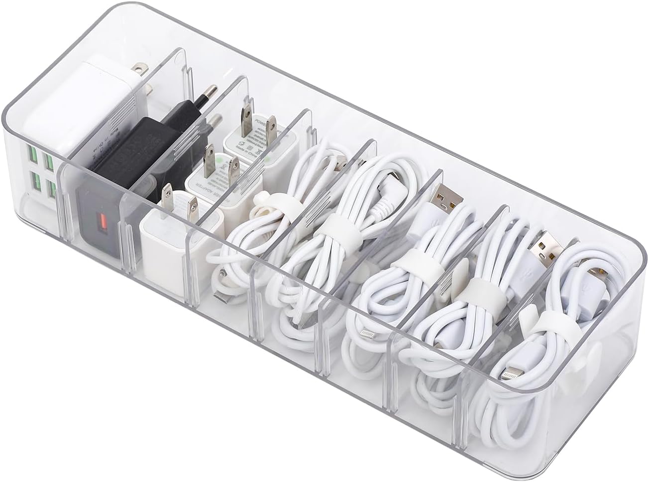 Yesesion Clear Plastic Cable Organizer Box with Adjustment Compartments, Desk Accessories Storage Case with 10 Wire Ties for Drawer, Office Supplies, Electronic Management, Battery and Charger