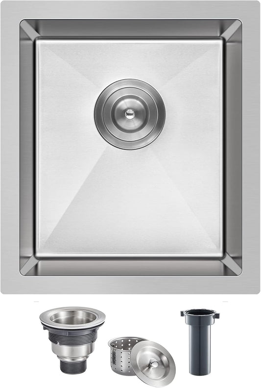 15 inch Undermount Bar Sink, Stainless Steel Handmade Single Bowl Kitchen Sink Undermount, D15" x W17" x H8"