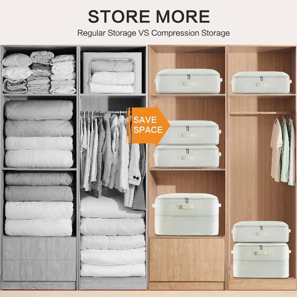 Ultra Space Saving Self Compression Storage Bags with Zipper, (Beige) -Compression Organize for Bedding, Comforter Storage Bag for Blankets Duvet Quilts Pillows