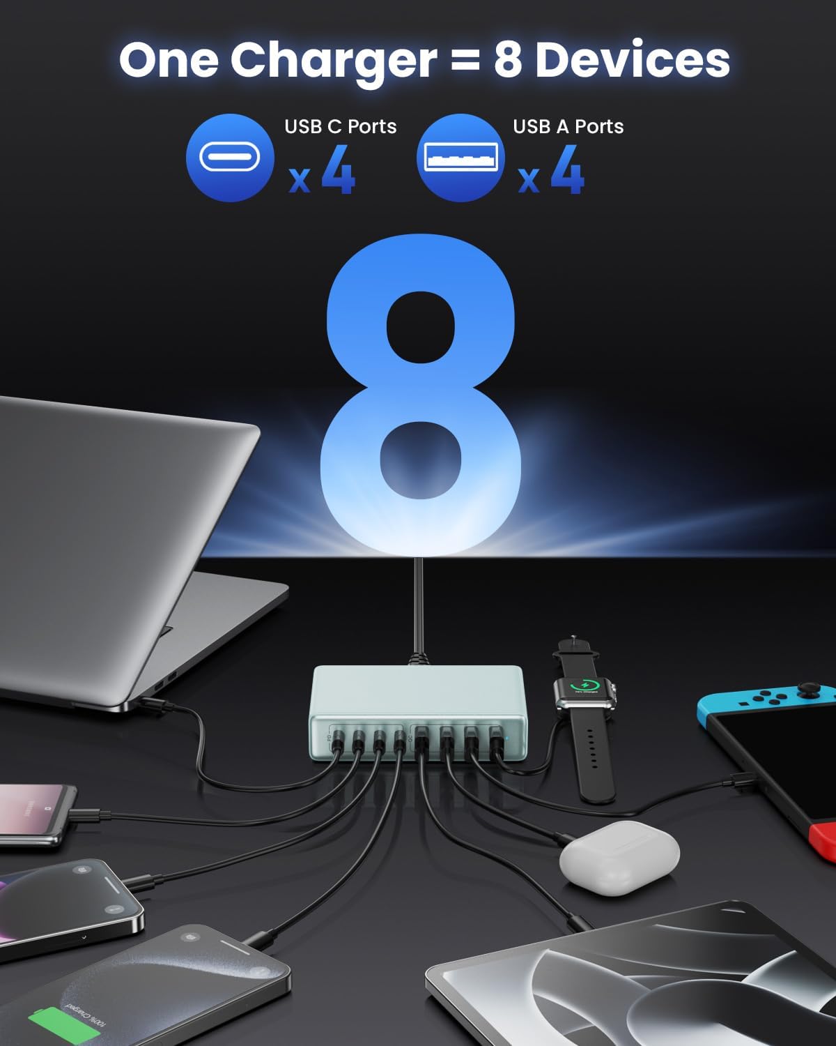 200W USB C Charger Block,GaN IV Charging Station 8 Ports,QC4.0 Fast Charging Station Hub+PD 65W USB C Laptop Charger Adapter Compatible with MacBook Air/Pro,DELL,iPhone 16/15,iPad,Steam Deck-Sky Blue