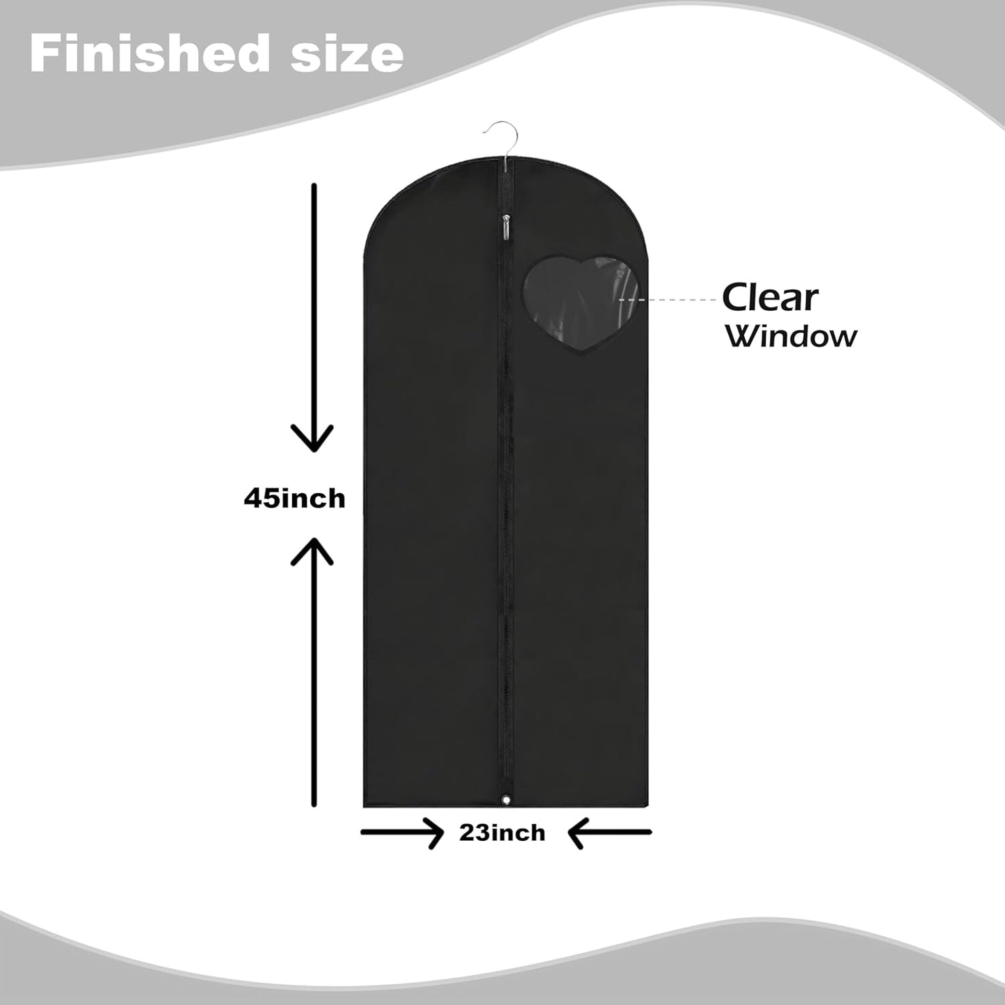 Dress Bags for Gowns Long, 45'' Garment Bags for Hanging Clothes, Suit Bag Cover for Storage and Travel, with Clear Heart Window, 2 Pack (Black)