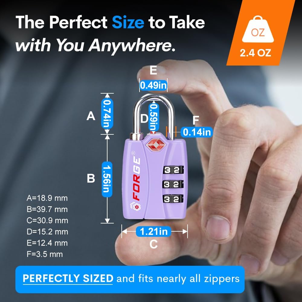 Forge Luggage Locks TSA Approved 4 Pack Purple, Small Combination Lock with Zinc Alloy Body, Open Alert, Easy Read Dials, for Travel Suitcase, Bag, Backpack, Lockers.