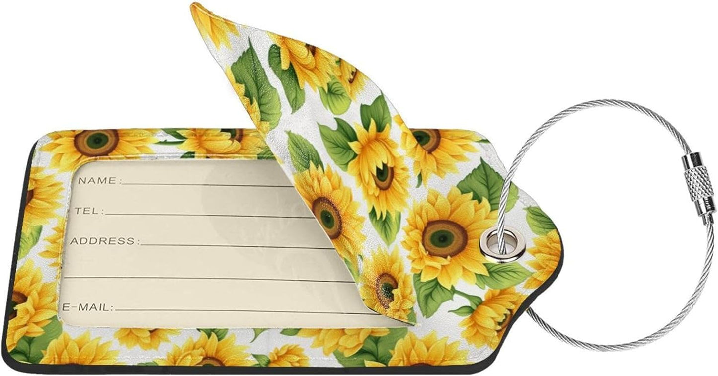 Lovely Sunflower Leather Luggage Tag with Stainless Steel Ring, Fun Name Id Card Cover Travel Bag Tag Set, Suitable for Travel Bag Luggage Women Men 2 PCS