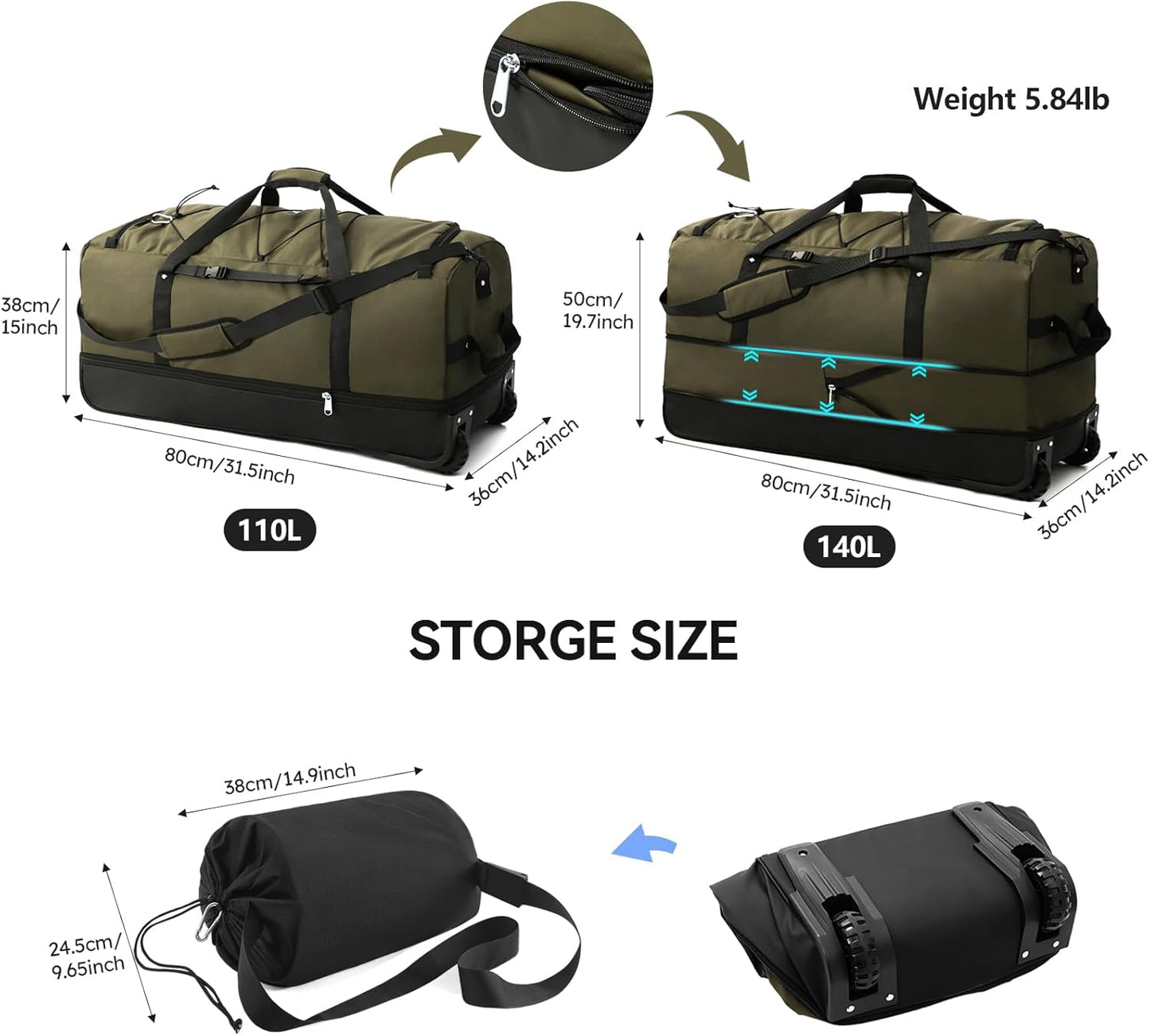 110L/140L Expandable Soft-Sided Foldable Duffle Bag with 2 Rubber Wheels,Packable 32” Rolling Carry-On with Multi-Pockets & Compartments,Army Green