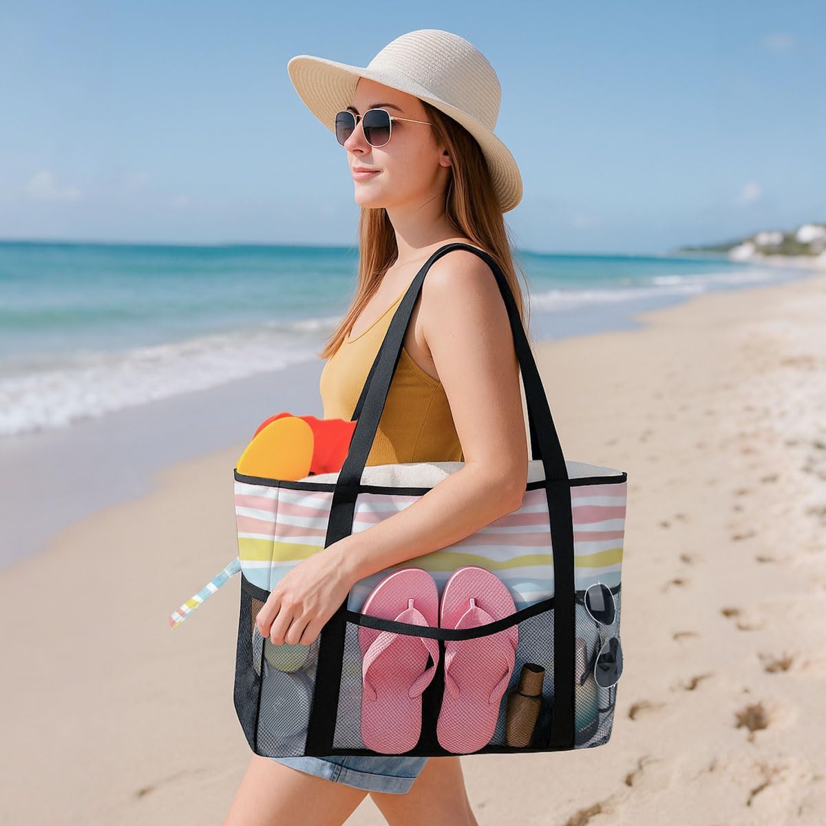 8-Pocket Waterproof Tote for Women -Sandproof Beach Bag with Zipper& Family | Foldable Travel Swim Bag (Gift-Ready)