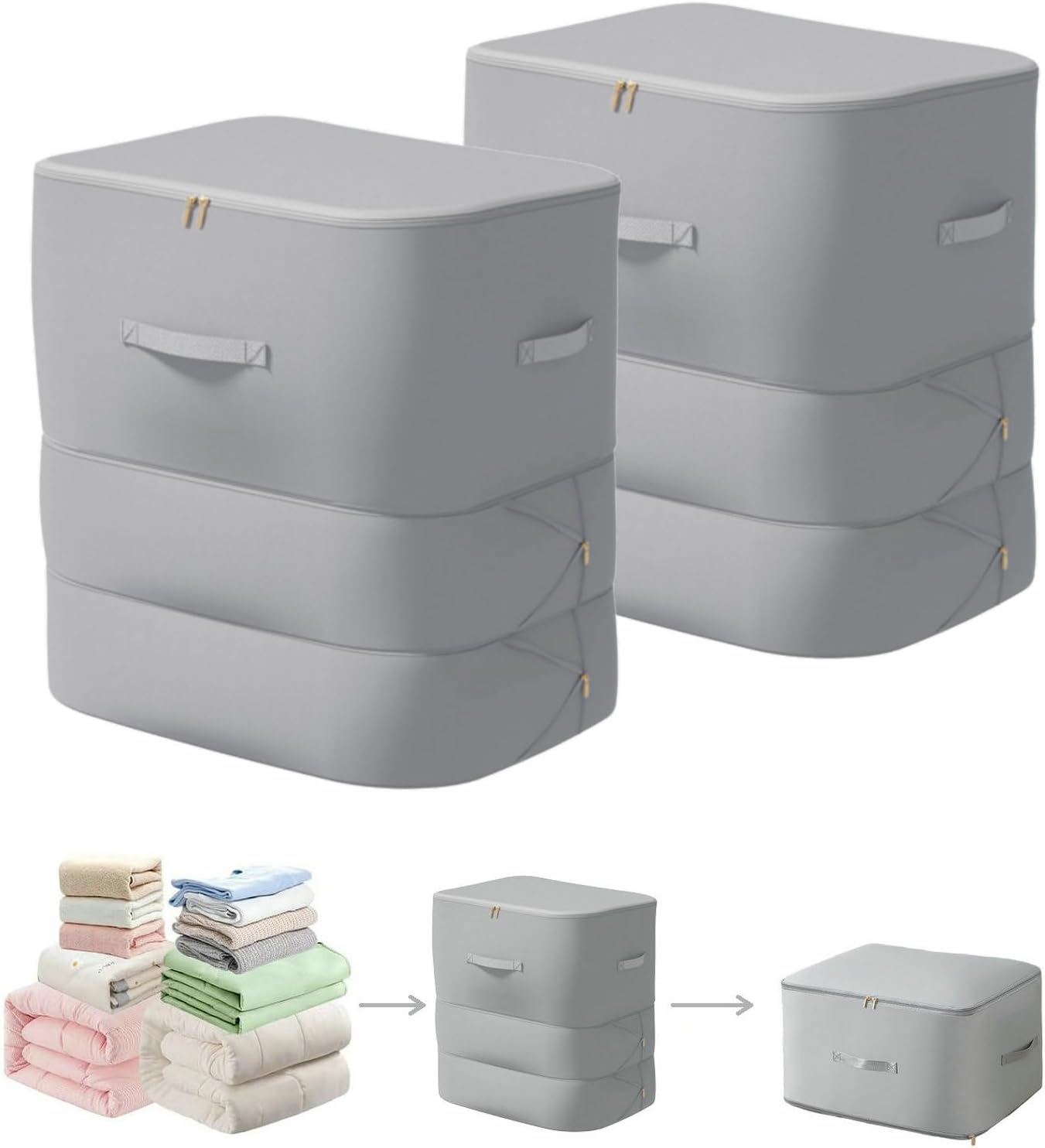 Ultra Space Saving Self Compression Organizer, 2025 New 3-Layer Zipper Large Capacity Storage Bag, Thick Satin Fabric Heavy Duty Bags for Comforters Blankets Bedding Duvet (Gray, X-Large, 2PC)