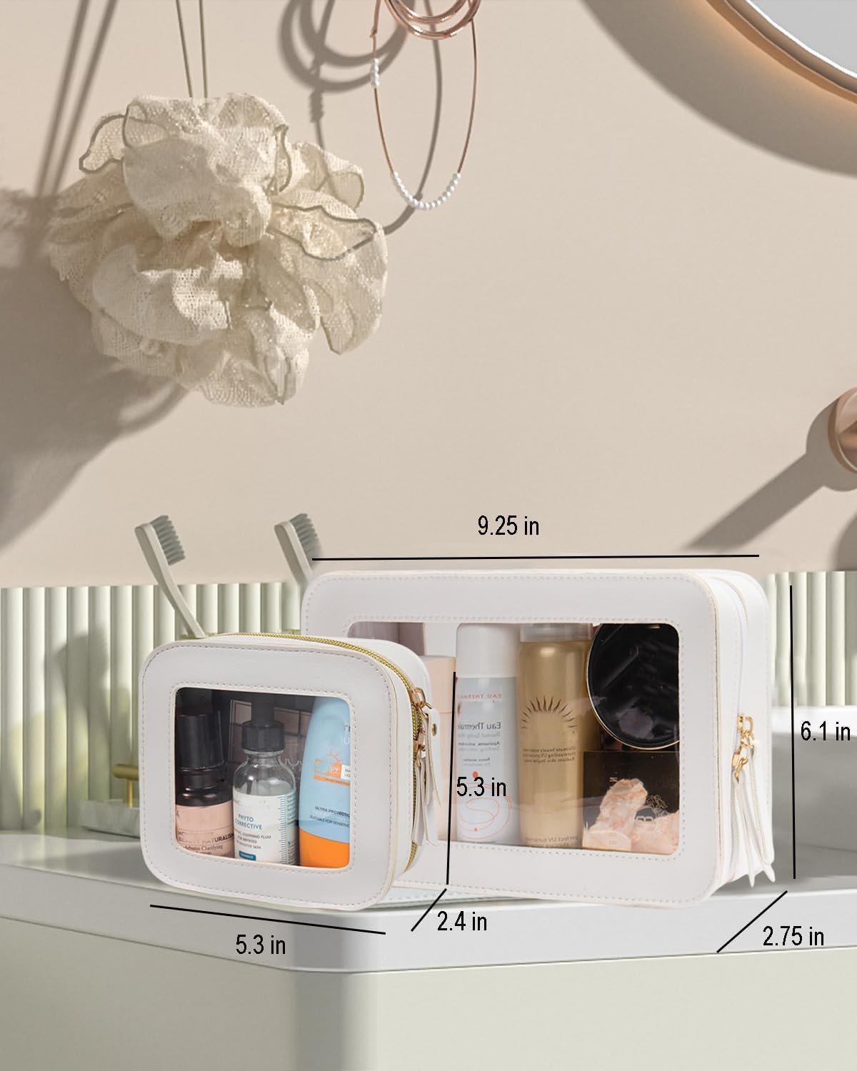 2 Pcs Clear Makup Bag Set, Small Travel Cosmetic Case Waterproof Clear Cosmetic Bags with Zipper Cute Make Up Bag Pouch Mini Car Essentials for Women Travel Car Organizer (White Set)