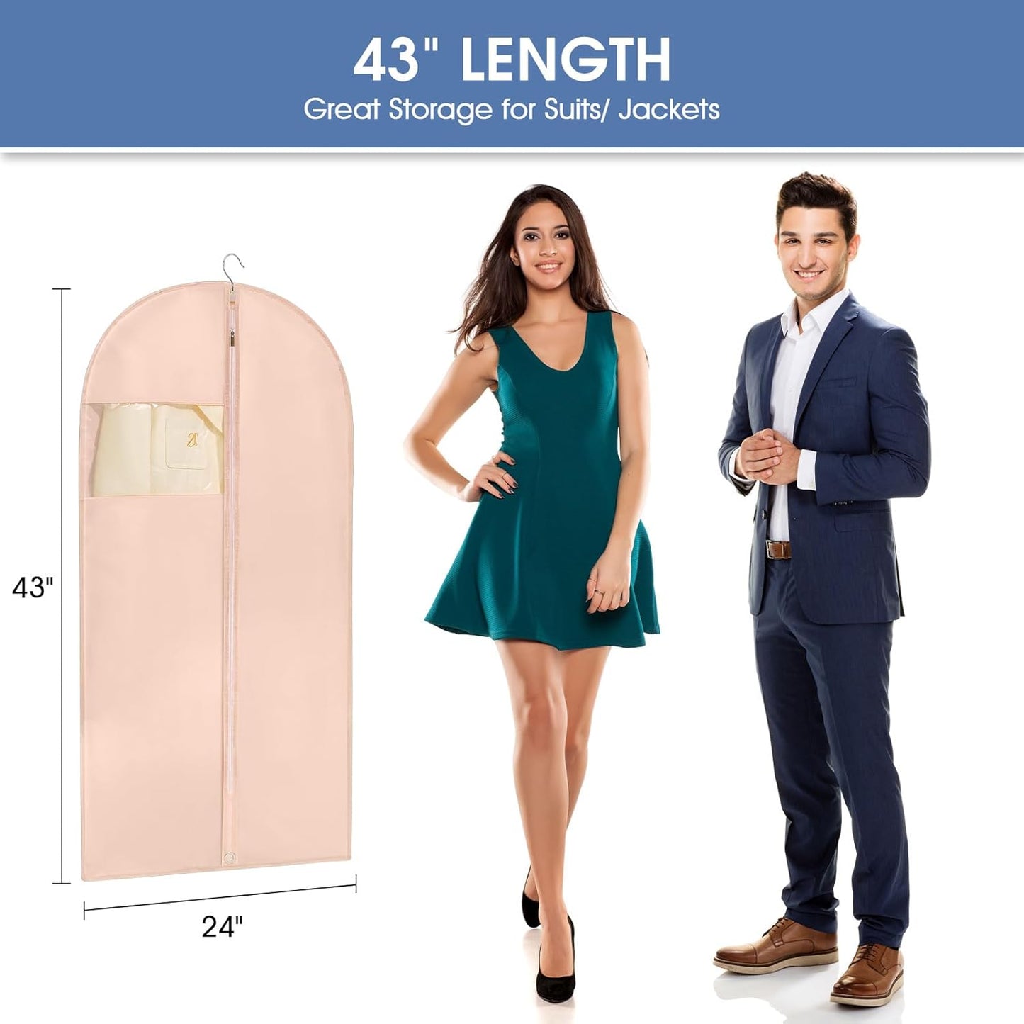 43" Suit Bags for Closet Storage and Travel, Pink Garment Bags for Hanging Clothes, Women’s Suit Cover Bags with Clear Window for Coats, Jackets, Shirts(2 Pack)