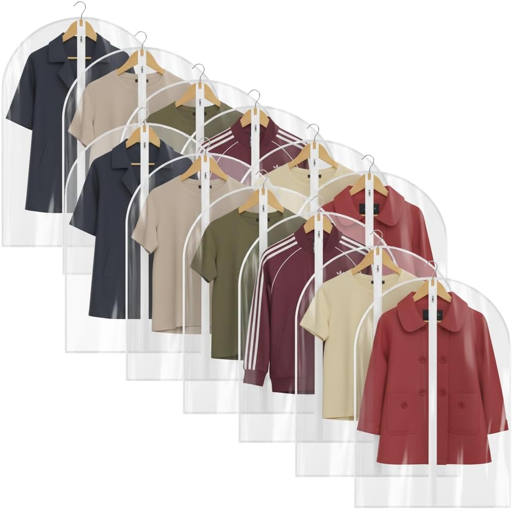 All Clear Garment Bags for Travel - 32” PEVA Waterproof Suit Cover with Zipper for Hanging Clothes, Shirts, Sweaters - Durable Dresser for Closet Storage, Dustproof & Moisture Resistant - 32”/12 Pack