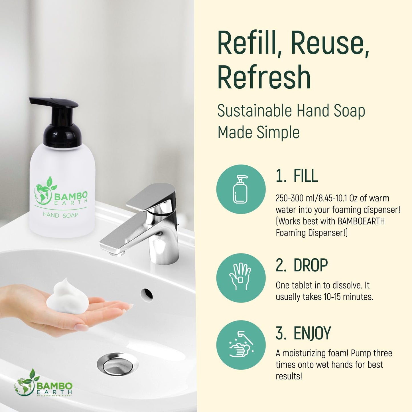 18 Pack Natural Foaming Hand Soap Tablets - Soft Moisturizing Handwash Tab Refills - 1 Tablet = 9 Oz Refillable Liquid Wash Foam Handsoap - Eco-Friendly Paper Softsoap Refill Tabs (Dispenser + 6 Tabs)