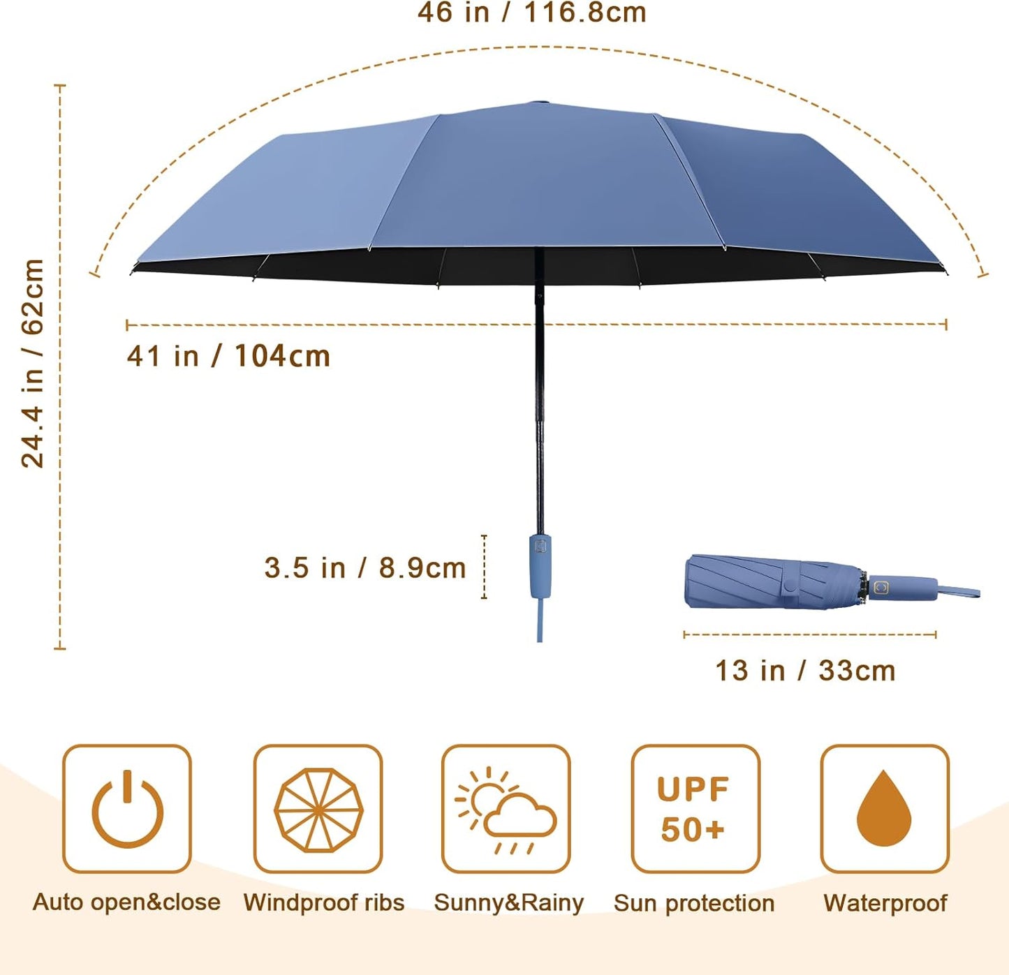 2-Pack Windproof, Waterproof, UV-Blocking Portable Travel Umbrella, Compact Sun & Rain Folding Umbrella, Double Rib Structure, Large Auto Open and Close Car Umbrella