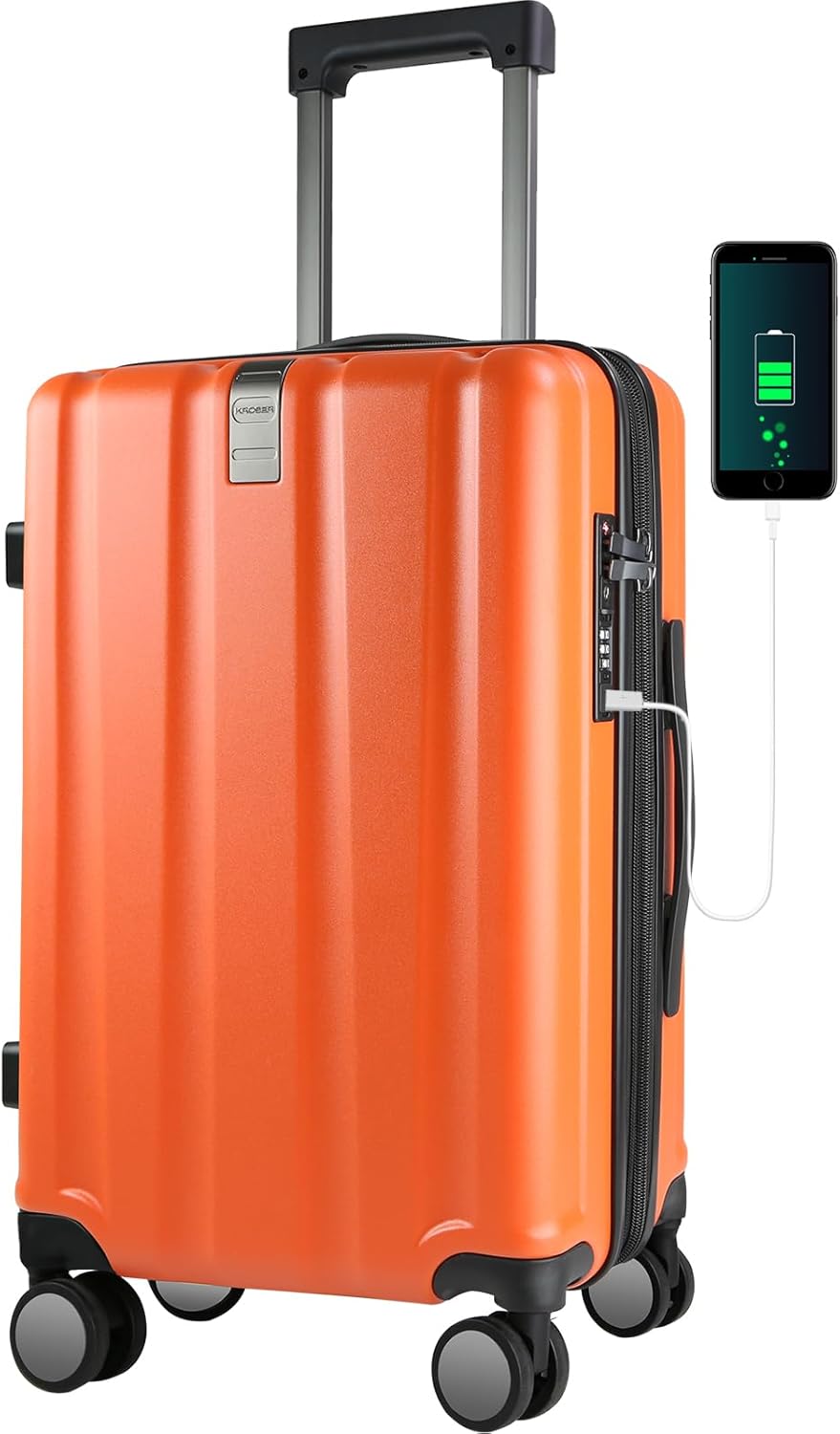 KROSER Hardside Expandable Carry On Luggage with Spinner Wheels & Built-in TSA Lock, Durable Suitcase Rolling Luggage with USB Port, Carry-On 20-Inch, Orange
