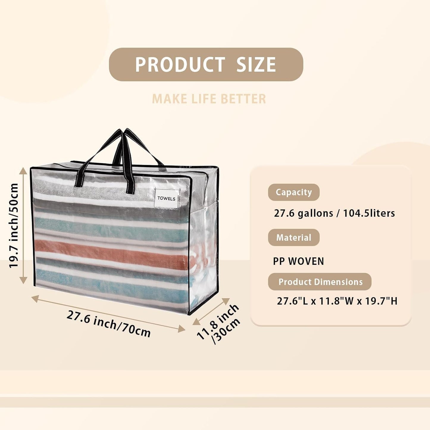 VENO 6 Pack Heavy Duty Moving Bags, Storage Bags, Packing Supplies, Top Zipper, Storage Totes for Camping, Clothes, Bedding, Comforters, Pillows (27 Gallon Clear, 6 Pack)