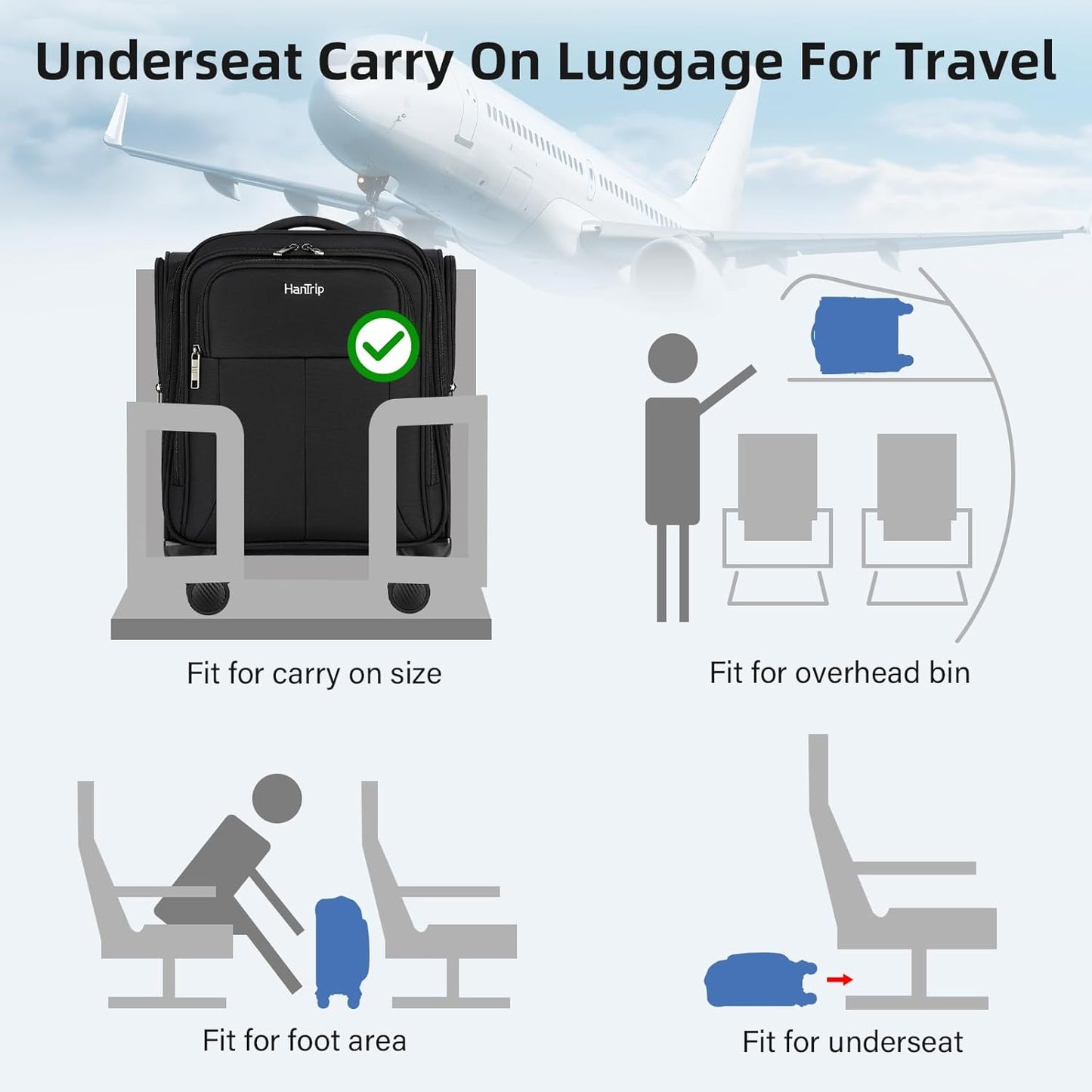 16 Inch Underseat Carry On Luggage with Wheels Softside Small Suitcases Personal Item Bag with Pocket Travel Luggage for Men Women Business Overnight Bag(Black)