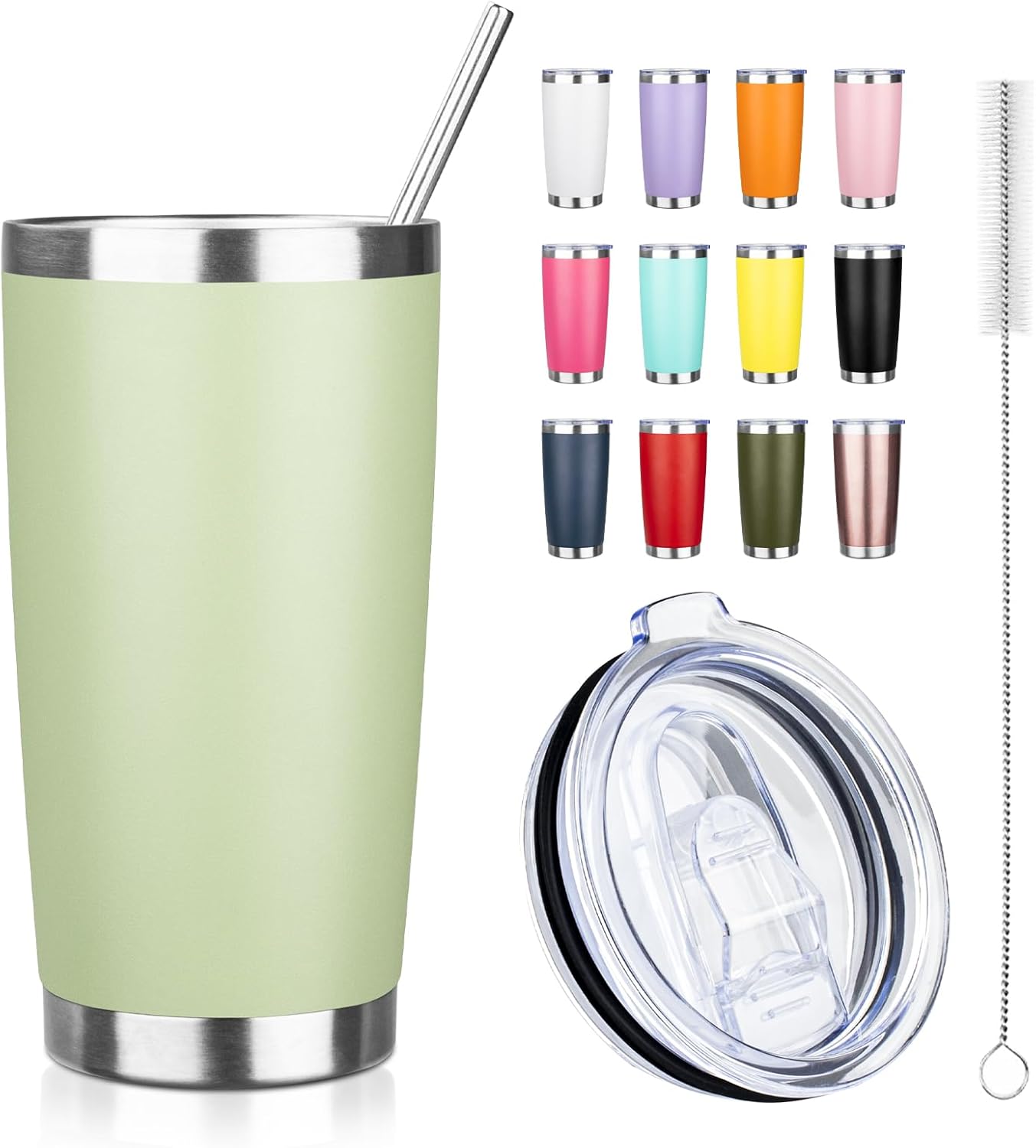 20oz Tumbler with Straw and Brush, Stainless Steel Vacuum Insulated tumbler, Double Wall Insulated Coffee Tumbler for Outdoor, Home, Travel,Office (Matcha Green,1pcs)