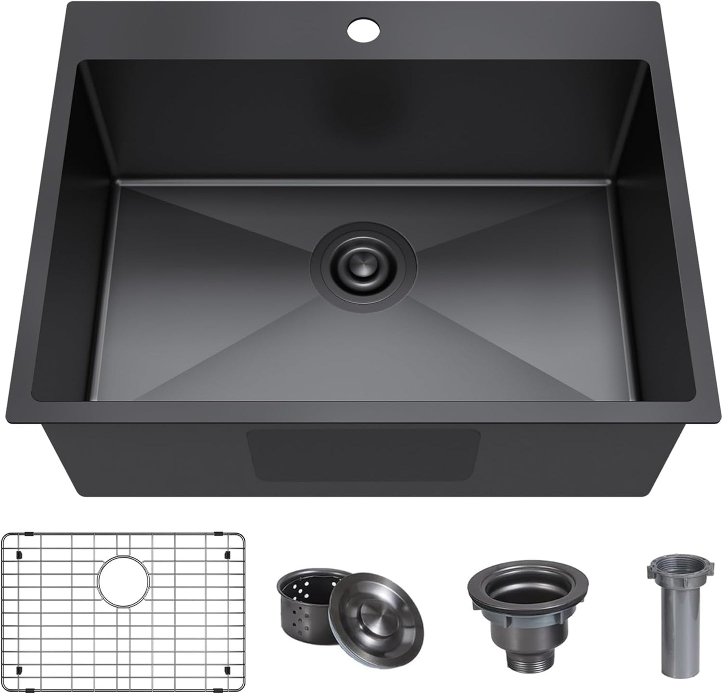 25x22 Inch Black Drop In Kitchen Sink, 25 Inch Gunmetal Black Kitchen Sink Top Mount 18 Gauge Stainless Steel Single Bowl Deep KitchenSink With Grid Handmade KitchenSink Drop In