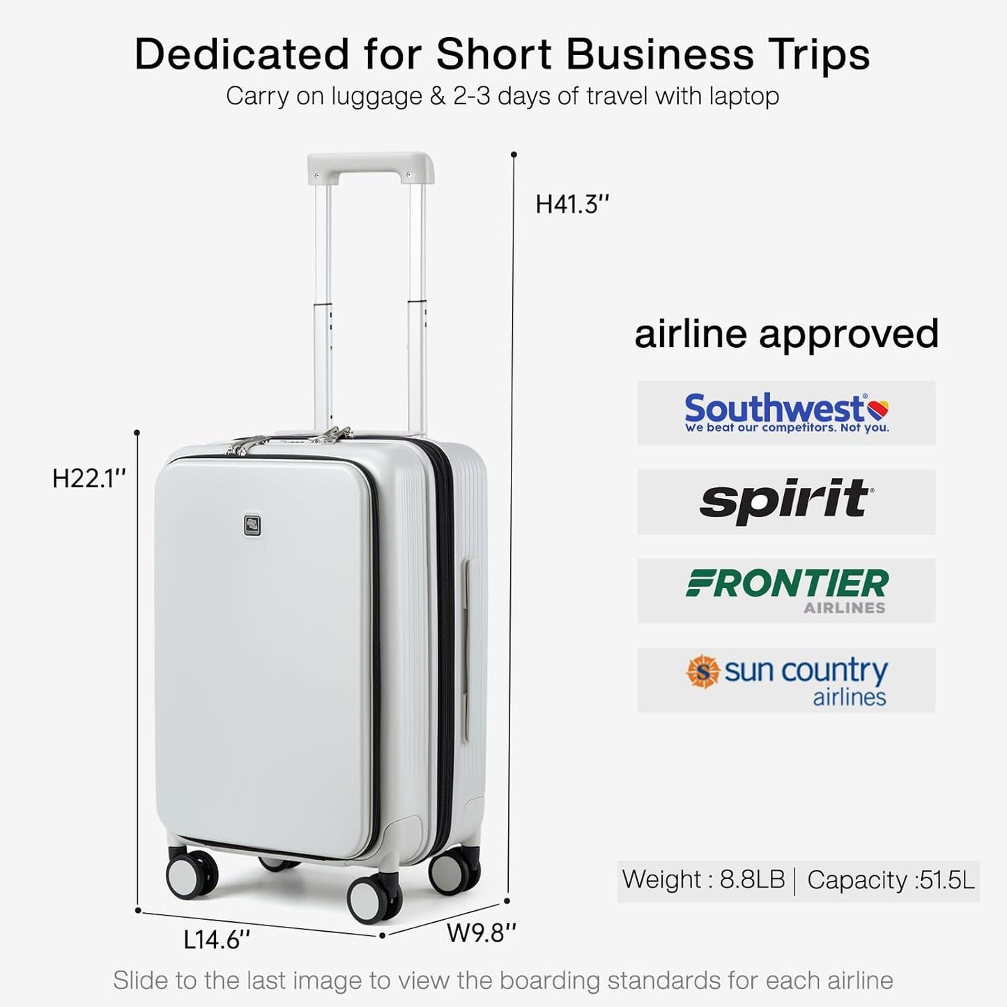 Hanke Grace Expandable Carry On Luggage with Wheels Airline Approved Hard Shell Suitcases with Front Pocket，Top Opening Luggage with TSA Lock for Short Business Travel, Smoke White.