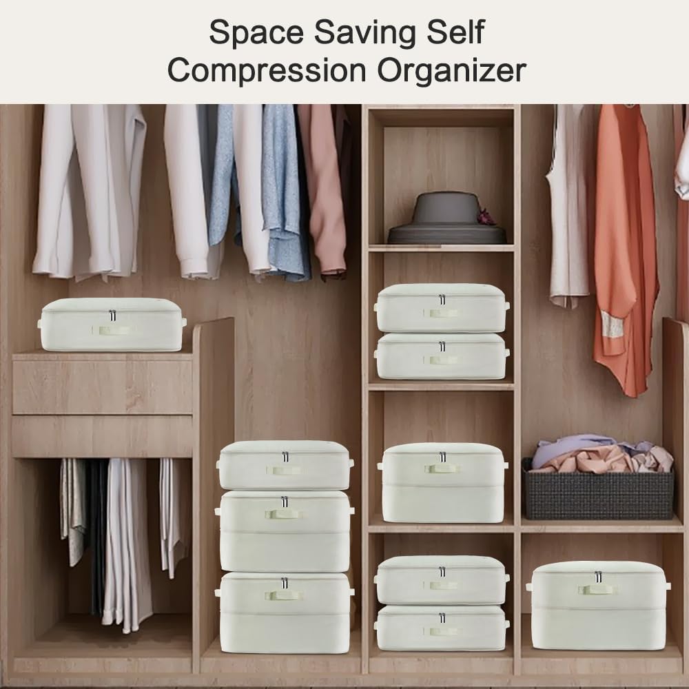 Ultra Space Saving Self Compression Storage Bags with Zipper, (Beige) -Compression Organize for Bedding, Comforter Storage Bag for Blankets Duvet Quilts Pillows