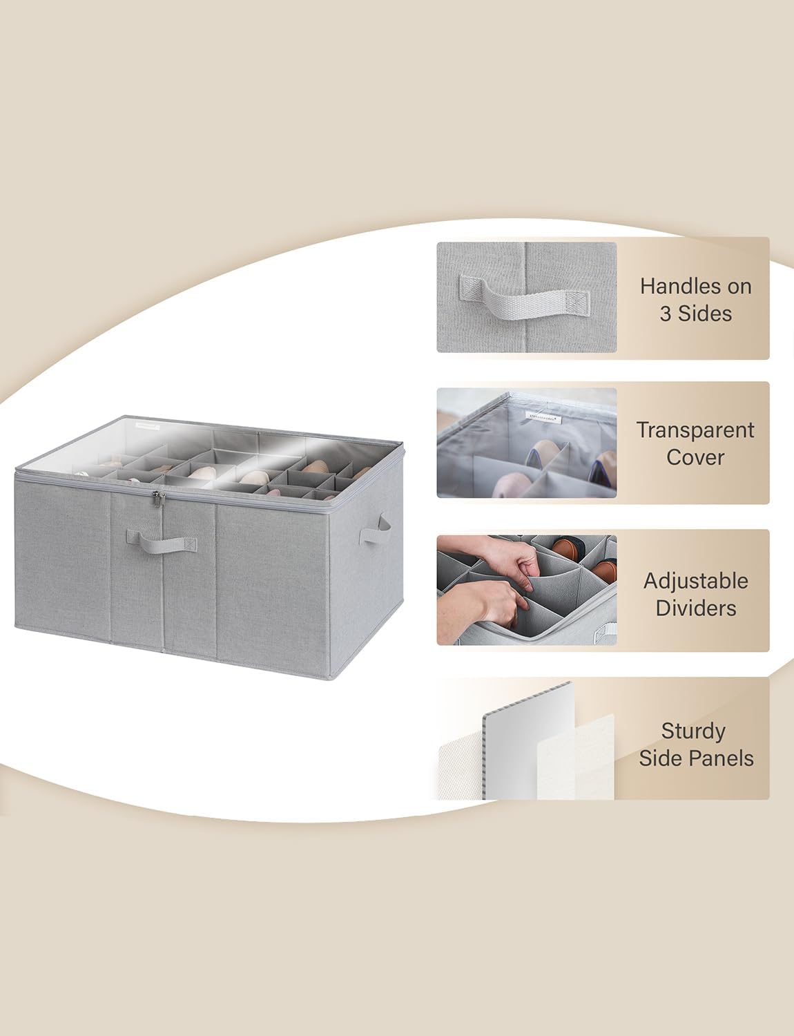 StorageWorks Shoe Organizer for Closet, Fits up to 24 Pairs, Shoe Cubby Storage Containers with Adjustable Dividers and Clear Cover, Grey
