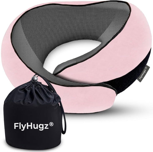 FlyHugz® Neck Travel Pillow | Memory Foam Neck Pillow for Comfort on Airplane | Compact and Ergonomic Design for Travel, Car Rides, and Home Use | Ideal for Adults and Kids (Pink)
