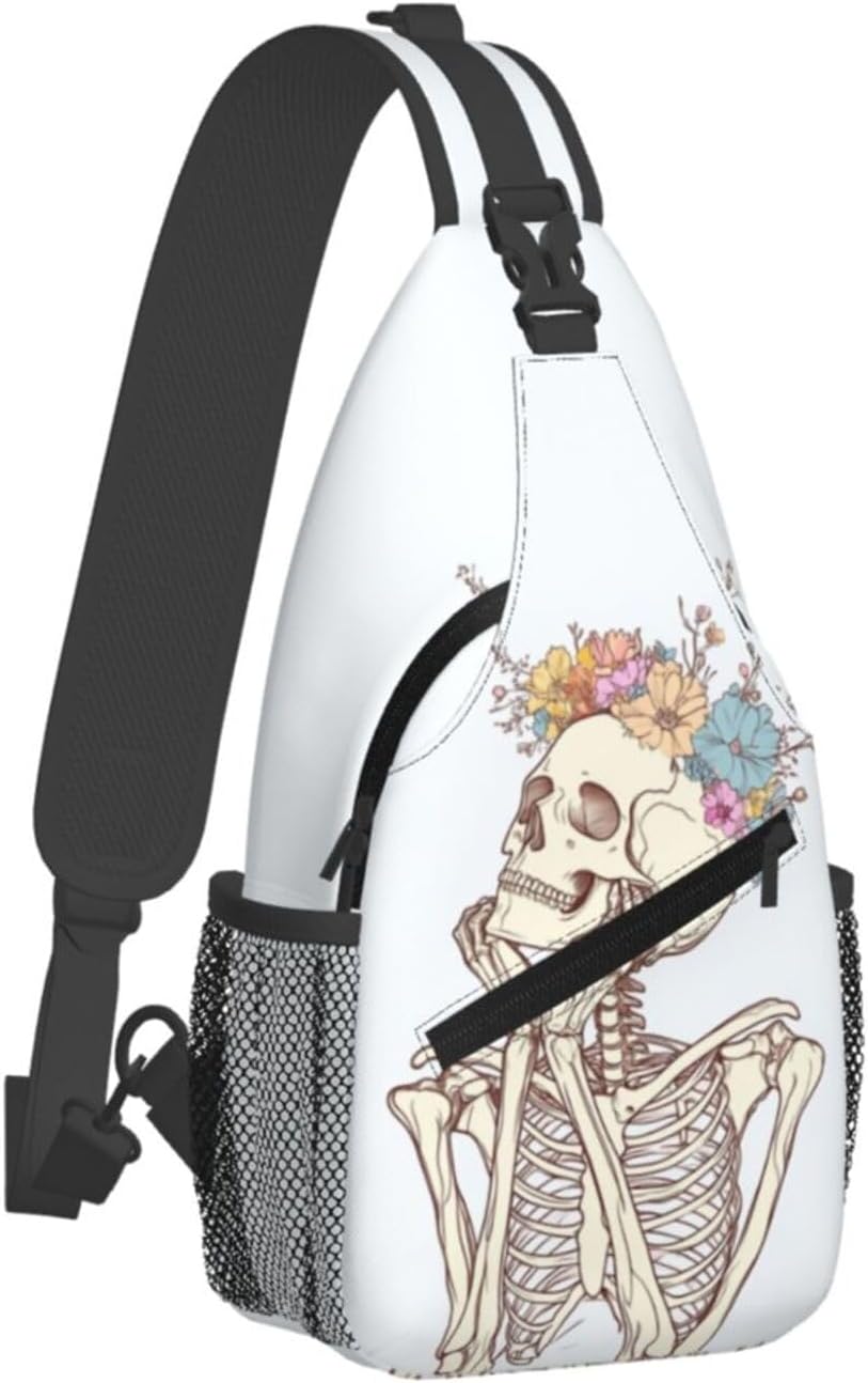 SUPLUCHOM Sling Bag Skeleton Flower Skull Hiking Daypack Crossbody Shoulder Backpack Travel Chest Pack for Men Women