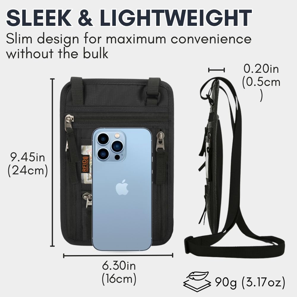 elzama Travel Neck Wallet, Neck Passport Holder, RFID Blocking Passport Wallet Super Slim & Lightweight Travel Pouch Holder for Men & Women (Black)