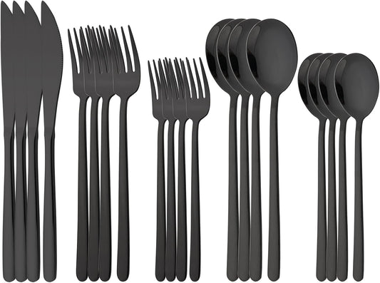 20 Pieces Silverware Set 304 Stainless Steel, Healthy & Eco-Friendly Silver Travel Mirror Polished Black Knife Fork Spoon Salad Fork Dessert Spoon Flatware Set, Service for 4