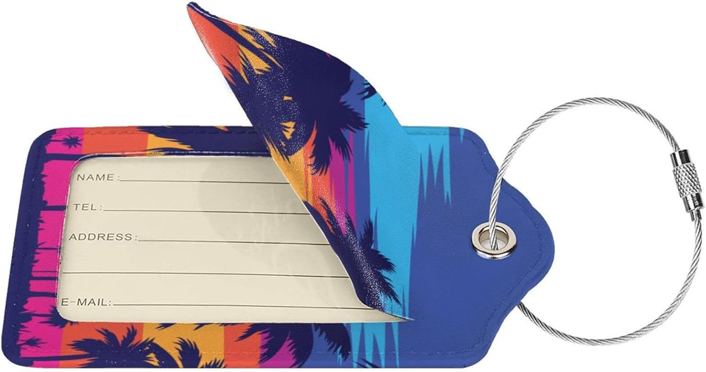 Coconut Trees at Sunset Luggage Tag for Suitcases Baggage, Fancy Airport Cruise Leahter Luggage Tag with Full Back Privacy Cover for Travel Sports Teens Kids