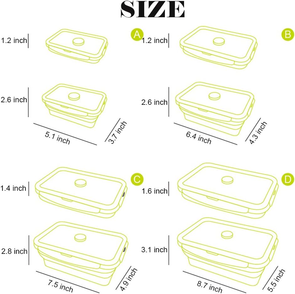 4 Pack Collapsible Silicone Food Containers Storage Lunch Bento Box with Lid BPA Free for Camping, Hiking (Gray, 4PC)