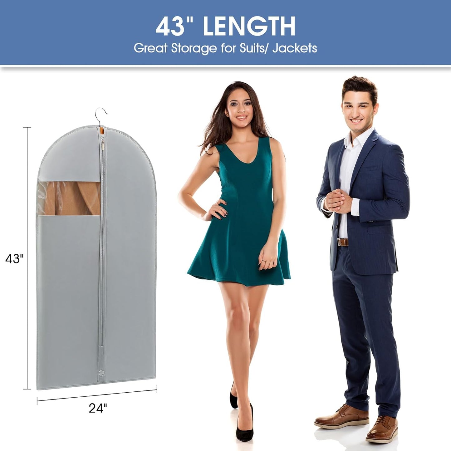 43" Garment Bags for Hanging Clothes, Suit Bags for Closet Storage and Travel, Grey Suit Cover Bags with Clear Window for Coats, Jackets, Shirts (5 Packs)