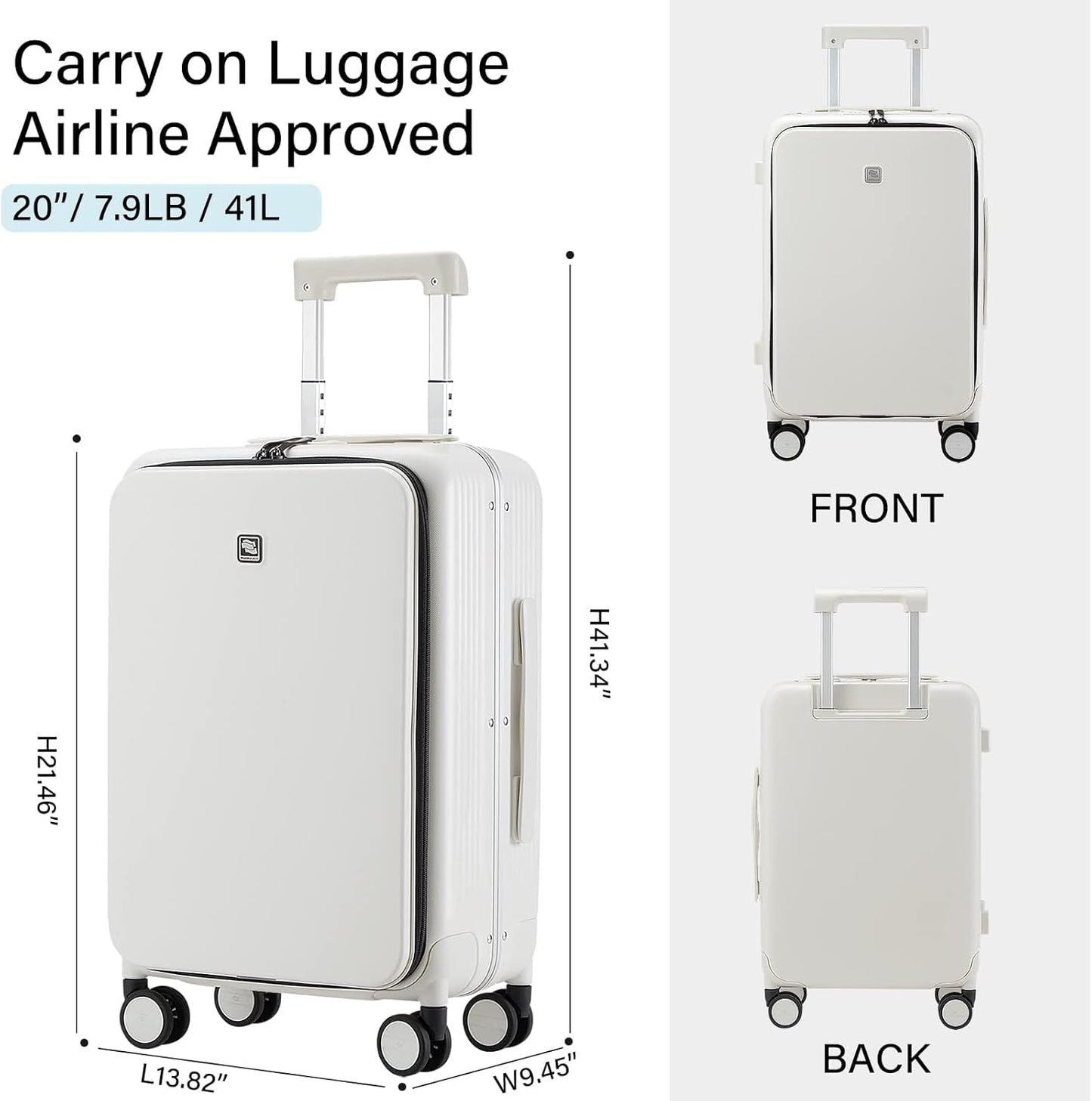 Hanke Grace Hard Shell Suitcases with Wheels,20 Inch Carry On Luggage Airline Approved with Aluminum Frame, Travel suitcase with Front Pocket Travel Luggage for Short Business Trips, Smoke White.