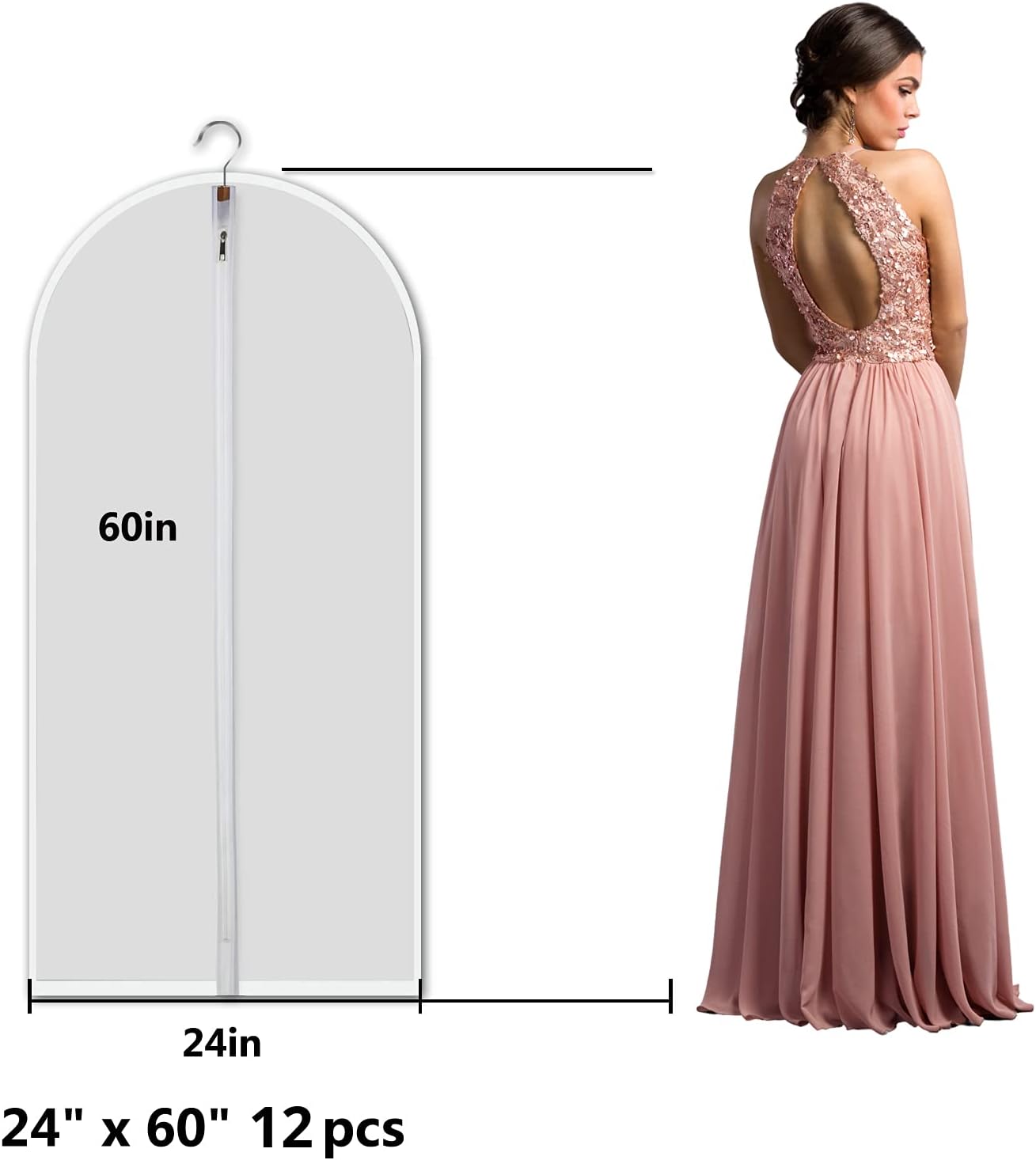 Clear Garment Bags Clothes Covers Protecting Dusts (set Of 12) For Storage Plastic Garment Bags Hanging Clothes Bags with Zipper Gown Garment Bag for Long Dresses - 24'' X 60''/12 Pack
