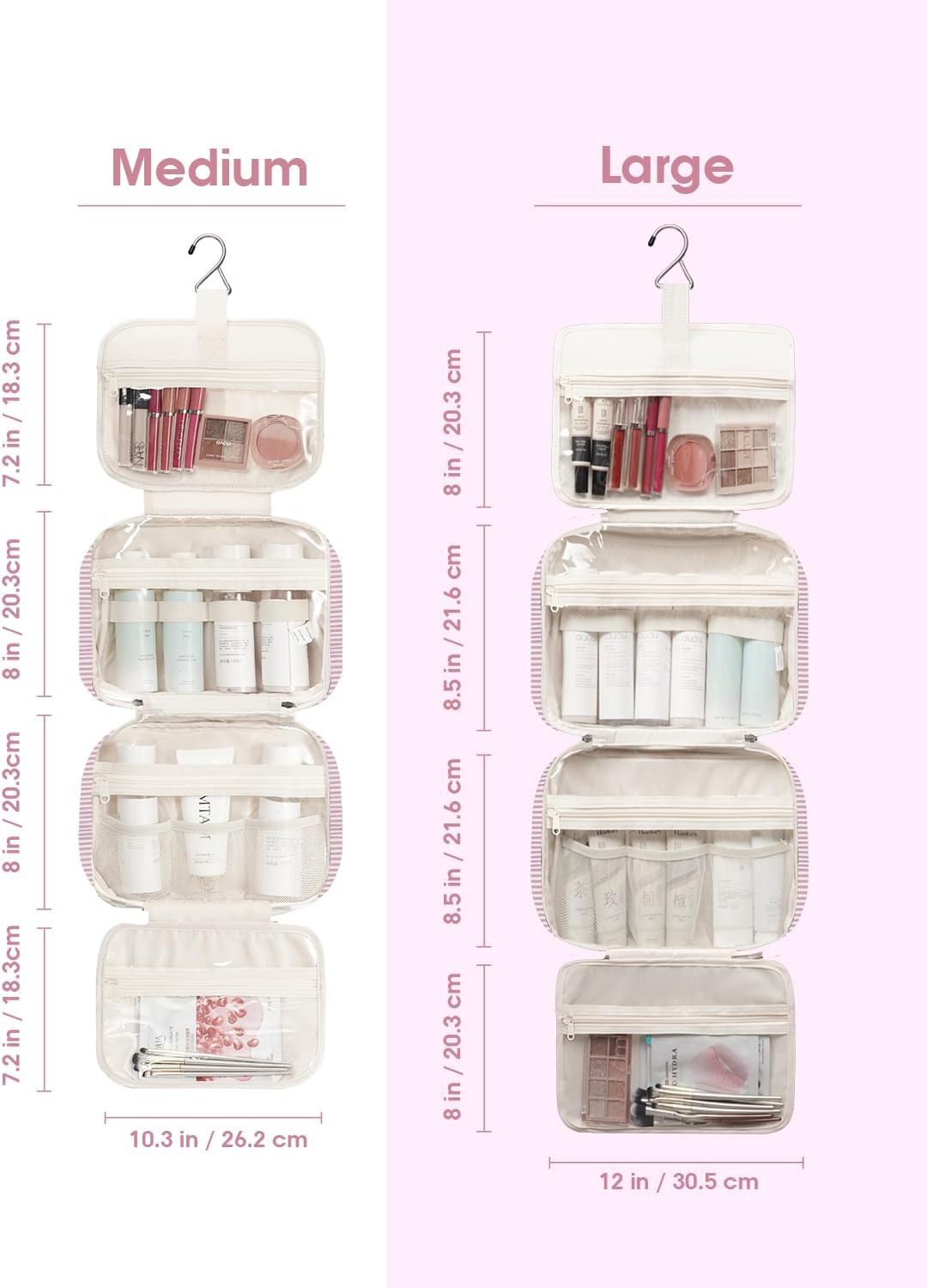 Narwey Striped Hanging Toiletry Bag for Women Travel Makeup Bag Organizer Toiletries Bag for Travel Size Essentials Accessories Cosmetics (Dusty Pink Stripe (Medium))