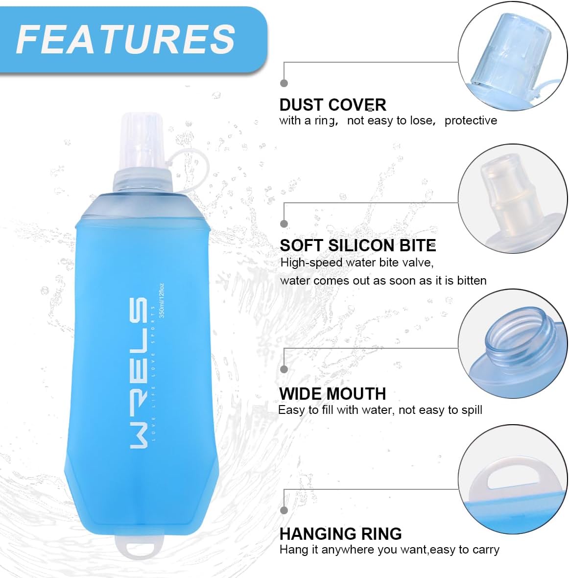200ml/350ml/500ml Collapsible Soft Flask,BPA Free Folding Soft Water Bottle with Hanging Ring,Lightweight TPU Hydration Flask for Running Marathon Cycling Hiking(500ml-2 Packs)