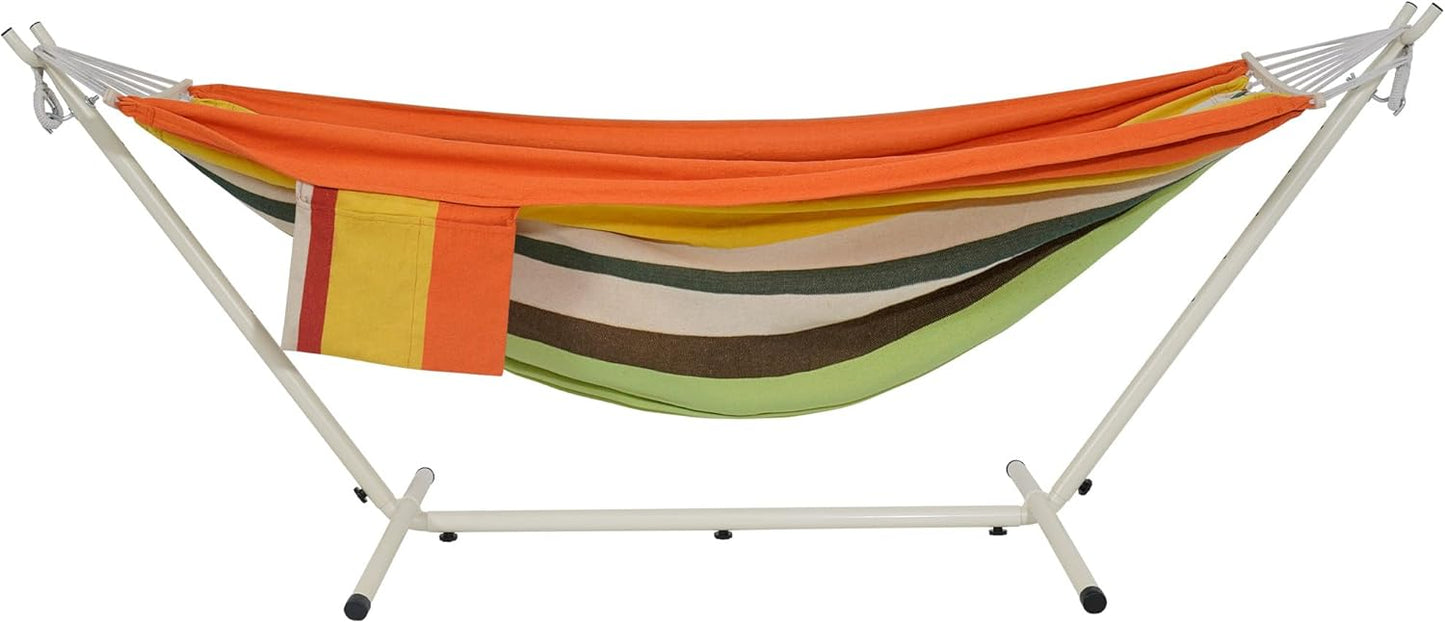 LazyDaze Hammocks Double Hammock with Stand - 2 Person Heavy Duty Outdoor Hammock for Adults, Includes Durable Steel Stand, Portable Carrying Bag and Pillow, Orange Green