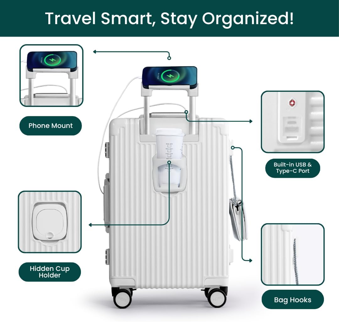 Nobl Travel Carry On Luggage, Noble Zipperless Aluminum Frame PC Hard Shell Suitcase, 22.5x15x9.5 Airline Approved, 360° Spinner Wheels, TSA Locks, USB Charging Port, Cup & Phone Holder - White