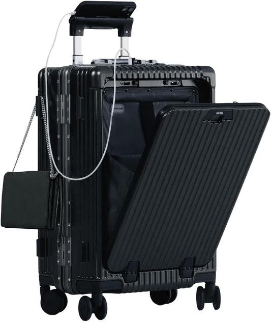 Nobl Travel Carry On Luggage, Noble Zipperless Aluminum Frame PC Hard Shell Suitcase, 20.8"x15"x8.7" Airline Approved, 360° Spinner Wheels, TSA Locks, USB Charging Port, Cup & Phone Holder - Black