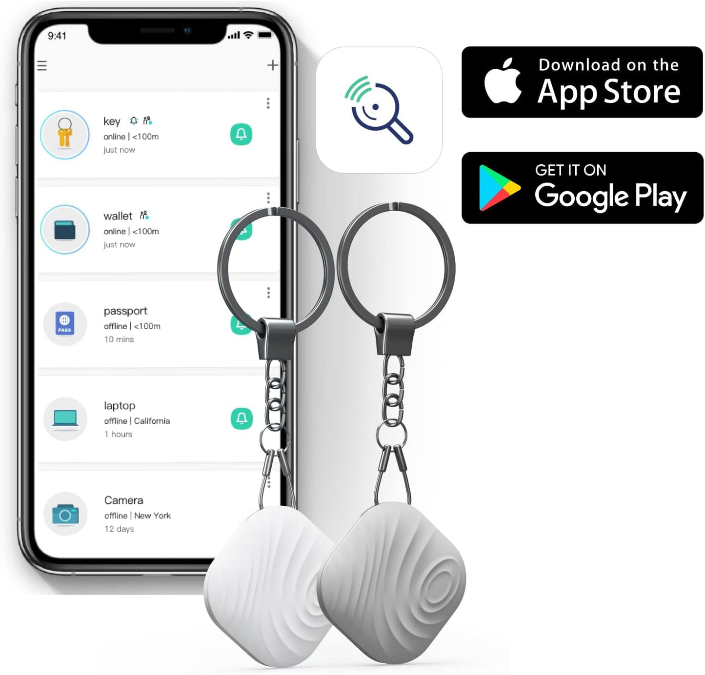 Key Finder, Bluetooth Tracker Item Locator with Key Chain for Keys Pet Wallets or Backpacks and Tablets, Batteries Include (1 White & 1Gray, 2 Pack)