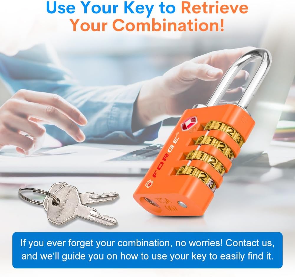 Forge Dual-Opening: Key or Combination Access Lock, TSA Approved Locks for Luggage, Pelican case, Travel, Gym, School, Stainless Steel Shackle.(Orange, 2 Pk)