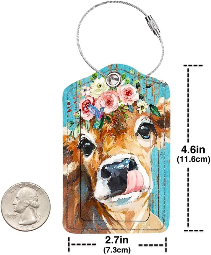 2 Pack Luggage Tag for Suitcase, Cute Unique Leather Bag Tags Identifiers Privacy Cover ID Label with Durable Steel Loop for Women Men Kids Girls Travel, Cattle