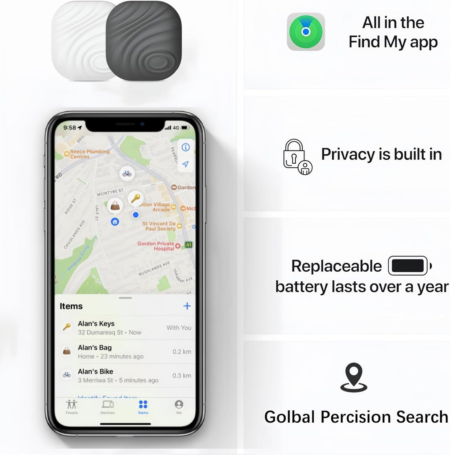 Smart Key Finder - Only iOS(Not for Android) - Bluetooth Smart Key Tracker Tag - Work for Apple Find My - Keep Track of The Items That Matter Most (2Coffee & 2White)