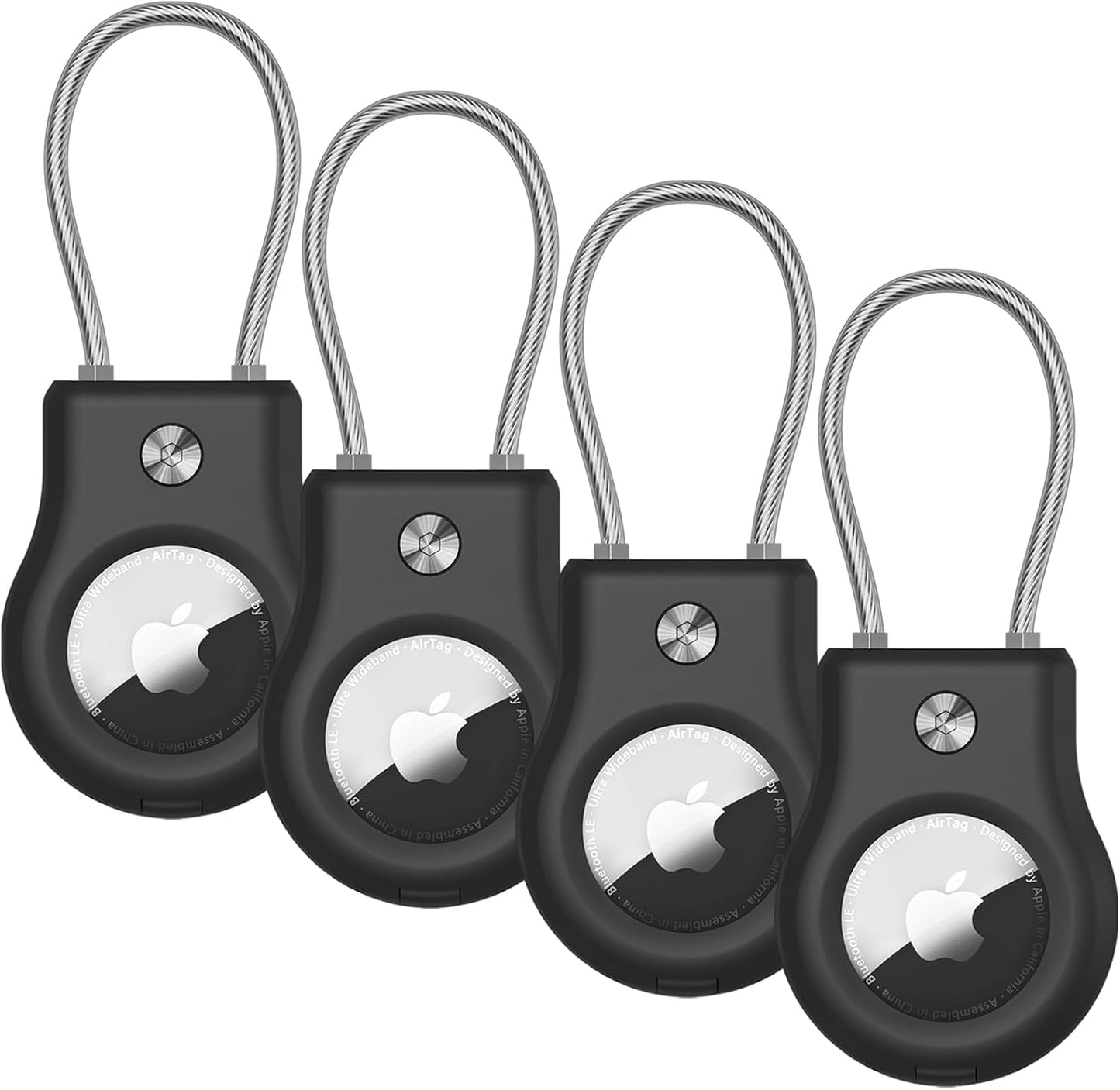 AirTag Keychain Holder - Air tag Lock Case with Wire Cable Compatible with Apple AirTags, Ultra Durable Anti-Lost Protective Case with Keyring for Luggage, Key, Backpack, Pet, Black (4 Pack)